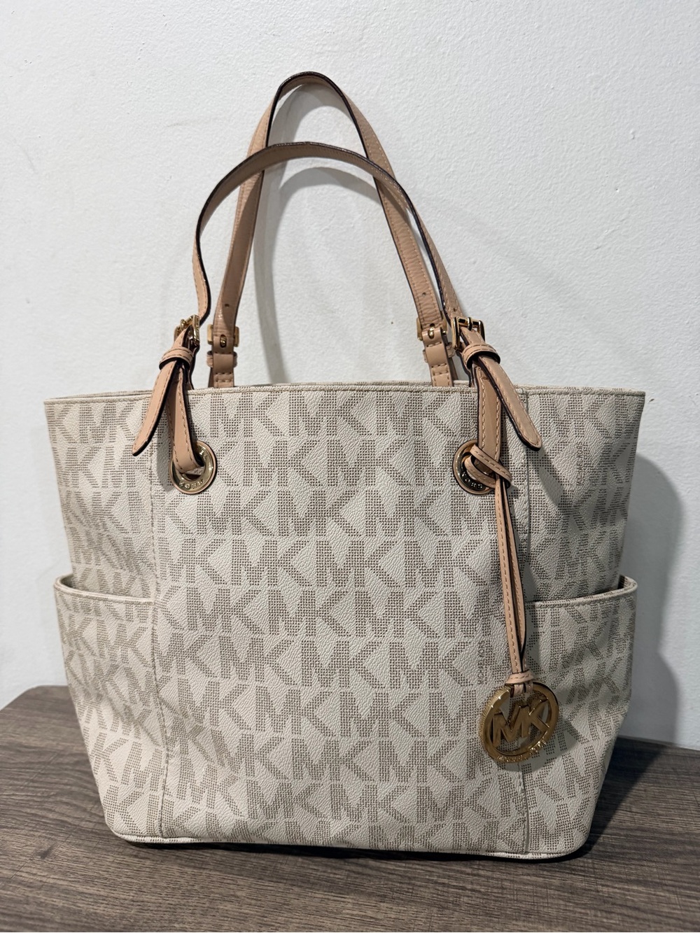 Michael Kors Beige Logo Canvas Tote with Tan Trim